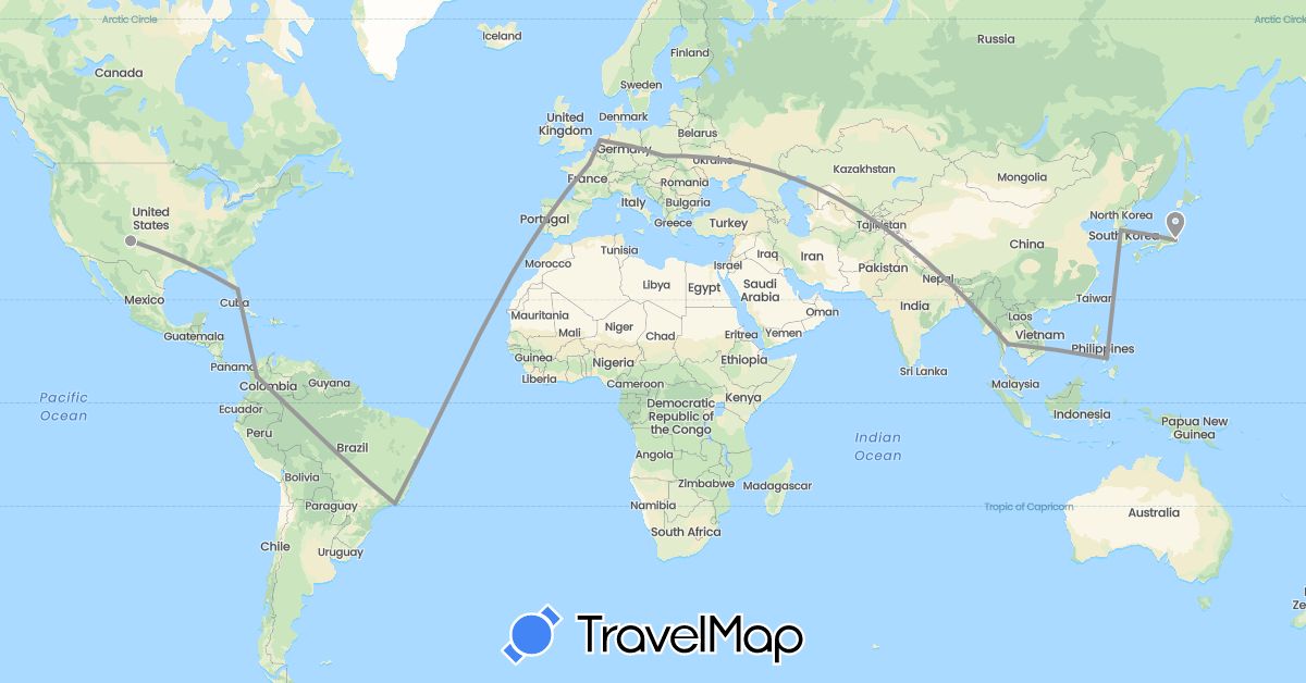 TravelMap itinerary: plane in Brazil, Colombia, France, Japan, South Korea, Netherlands, Philippines, Poland, Thailand, United States (Asia, Europe, North America, South America)